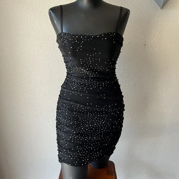 strapless open back dress 1970s Black Wool Evening Dress Ensemble with Oversized Rhinestone Trim